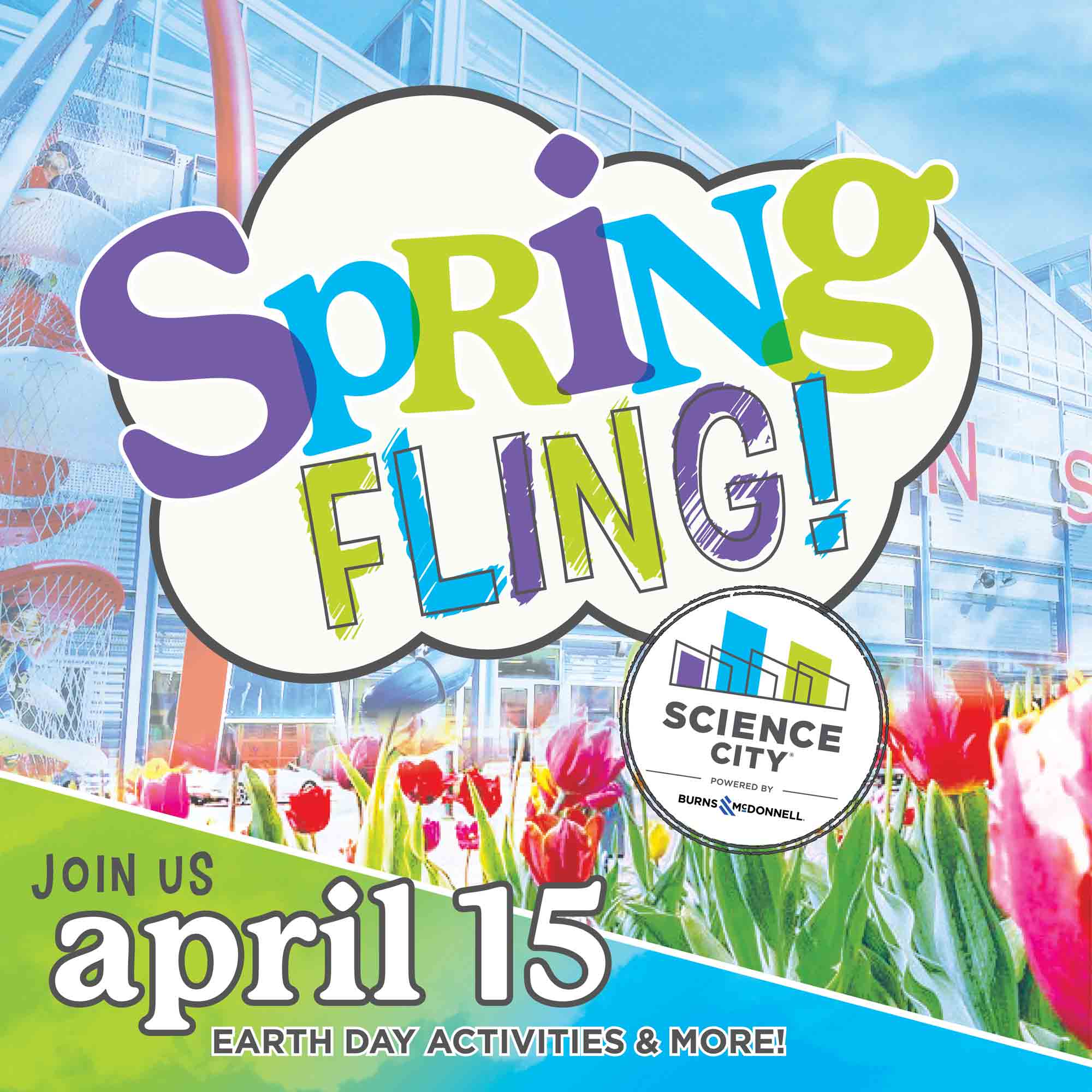 Logo for Spring Fling at Science City. Featuring bright festive colors and flowers.