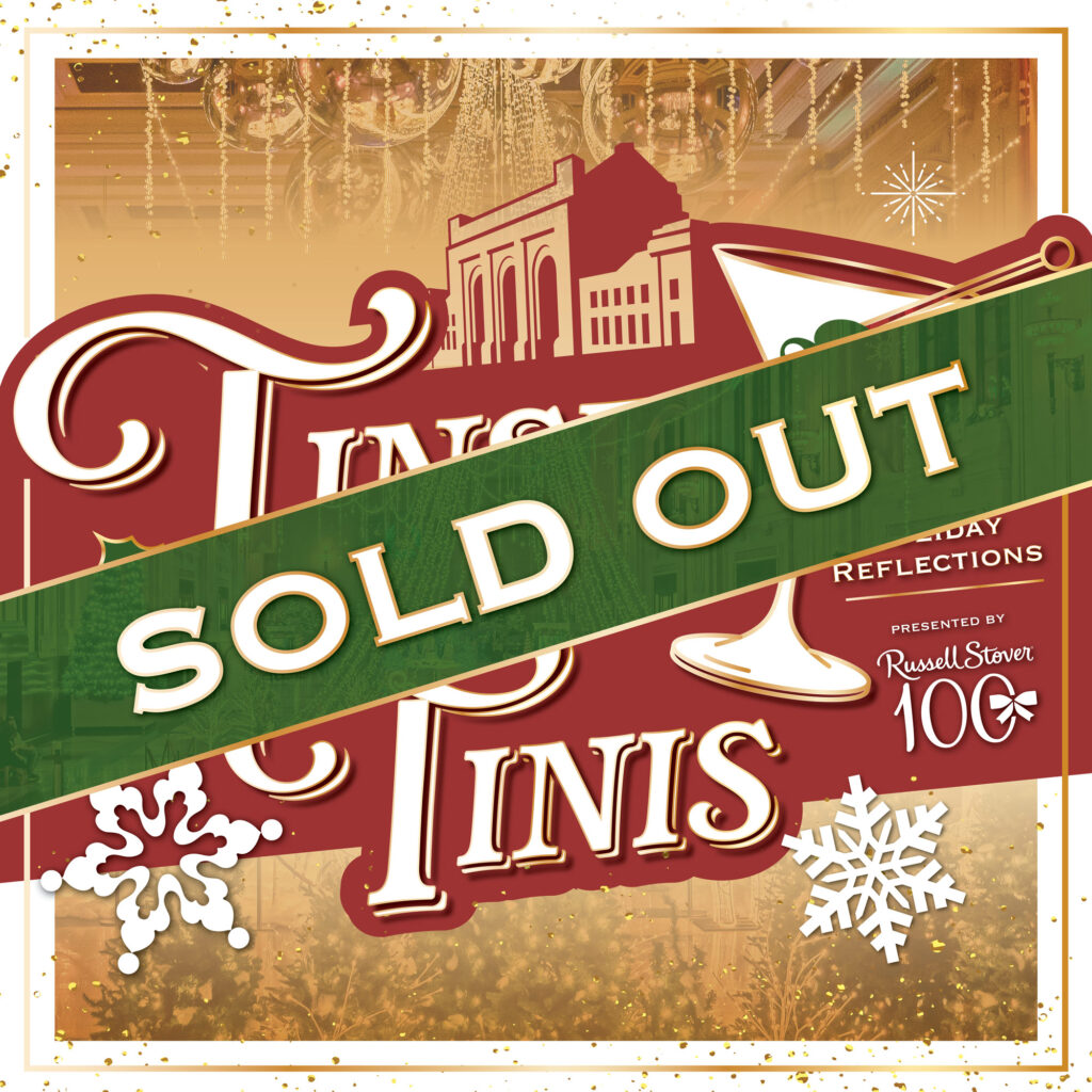 Logo of Tinsil & Tinis with sold out banner and Russell Stover branding