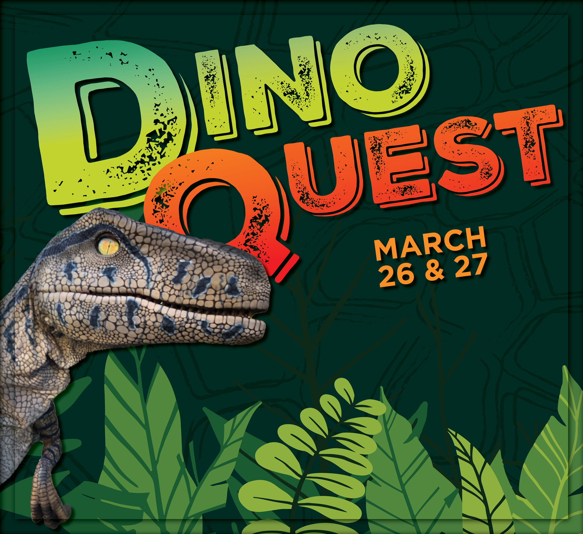 Promotion Graphic for Dino Quest in Science City. Featuring a velociraptor on a green, foliage inspired background.